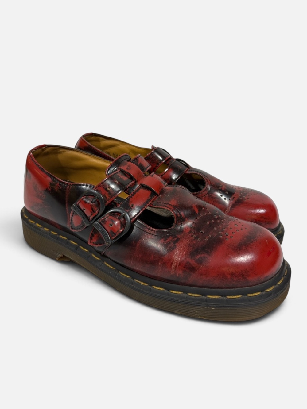 Dr. Martens Vintage 8065 90’s Blood Red Black Rub Off T-Strap Buckle MaryJanes 8